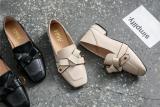 Natural Real Leather Bow Square Toe Flat Boat Shoes