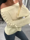 Cream Sexy Cold Shoulder Solid Acrylic Sweater