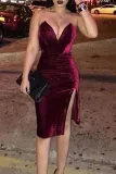 Sexy Deep V Pure Colour Velvet Slit Slim Evening Dress