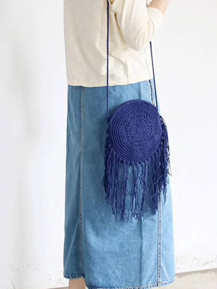 Women Hand-Woven Straw Shoulder Bag Tassel Beach Bag Handbag