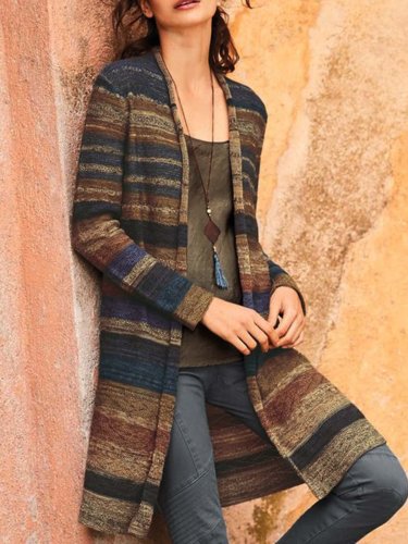 Casual Color-Block Cotton-Blend Long Sleeve Cardigan