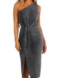 Sexy Sloping Shoulder Belted Slit Bodycon Dresses