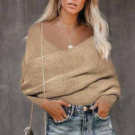 Casual Pure Color Shoulder Collar Sweater