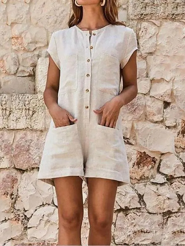 Round Neck Short Sleeve Plain Patch Pocket Playsuits Jumpsuits