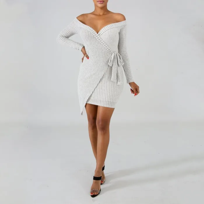 Casual Sexy V Neck Off   The Shoulder Knitted Sweater Mini Dresses