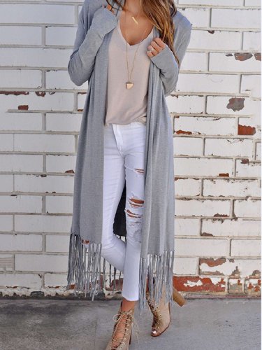 Casual Stripes Fringed Long Sleeve Polyester Cardigan