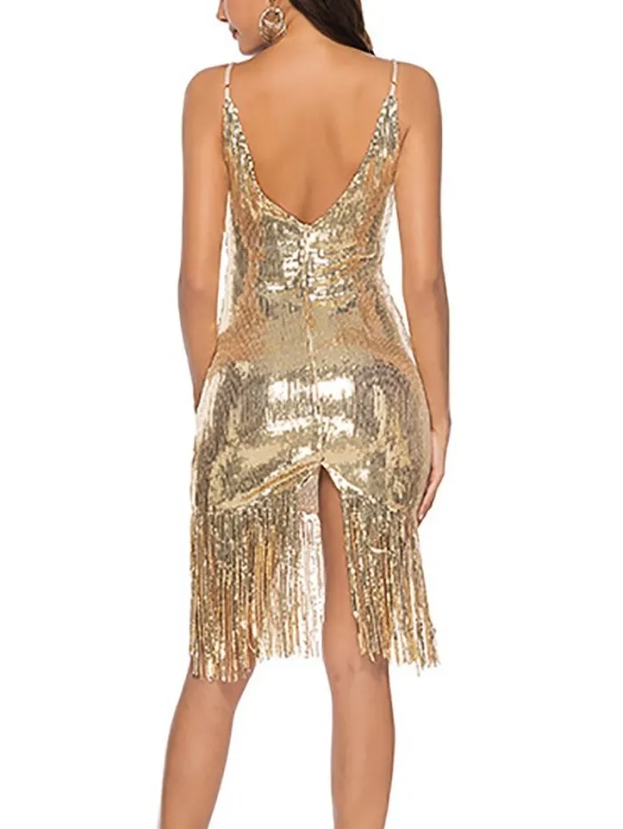 Sexy Deep V Sequins Tassel Bare Back Sling Evening Dress