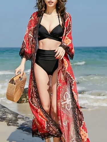 Lace Splicing Chiffon Long Suntan Cardigan