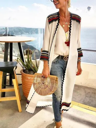 Collarless Printed Long Sleeve Cardigan