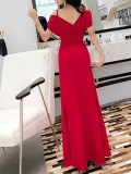 Fashion Elegant V Neck Pure Colour Sling Evening Dress