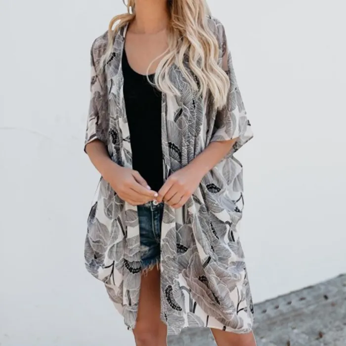 Sex Print Flare Sleeve Bikini Sun-Protective Beach Cardigan