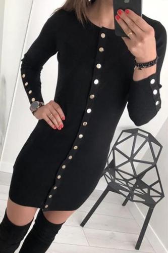Casual Button Knitted Pure Colour Bodycon Dresses