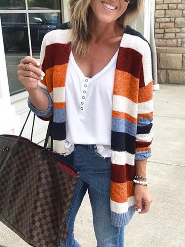 Multicolor Stripe Knitted Casual Women's Fall Cardigans
