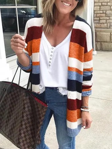 Multicolor Stripe Knitted Casual Women's Fall Cardigans