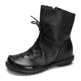 Big Size Pure Color Lace Up Ankle Leather Comfortable Zipper Boots