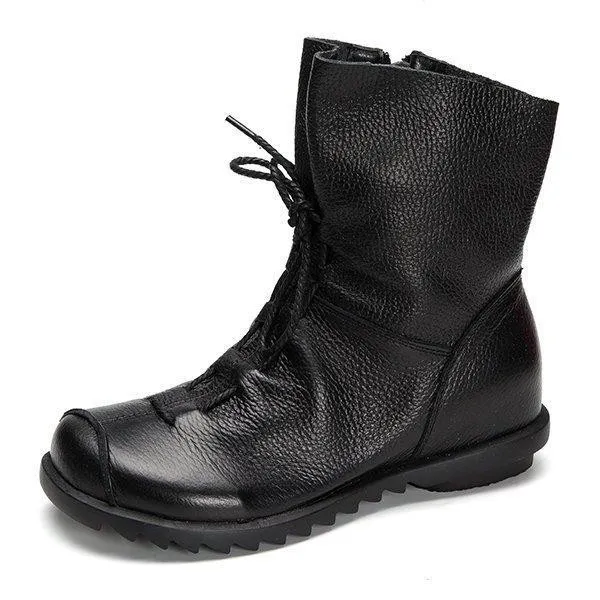 Big Size Pure Color Lace Up Ankle Leather Comfortable Zipper Boots