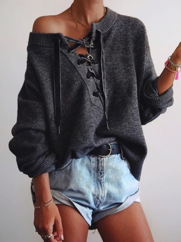 Fashion Long Sleeve Pure Colour Belted Sweater