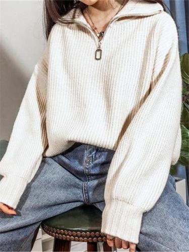 Ladies Fashion Half Zip Apricot White Knit Sweater