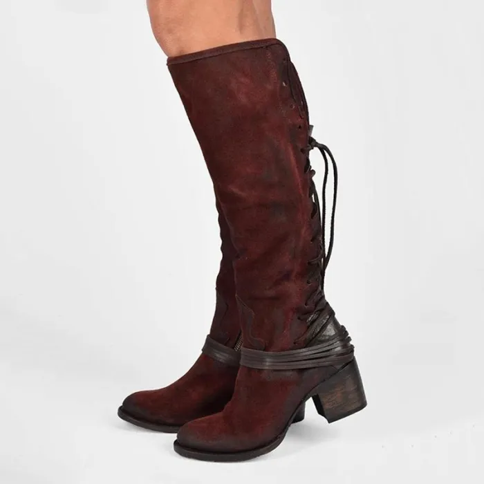 Women Vintage Lace Up Boots European Style Bandage Above Knee Boots