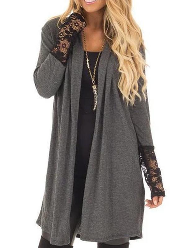 Decorative Lace Plain Long Sleeve Cardigan