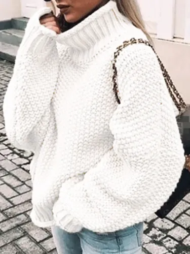 Female Roll Side High Collar Bat Sleeve Sweater