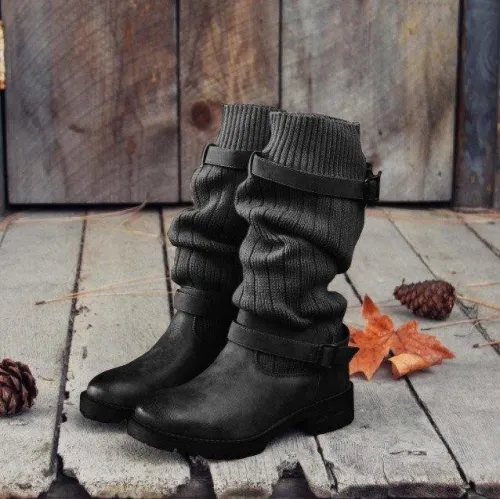 Comfy Cabin Sweater Boots Vintage PU Paneled Adjustable Buckle Casual Boots