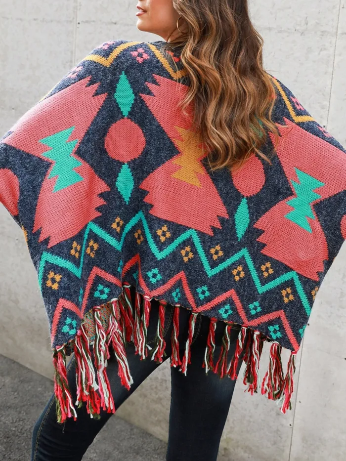 Multicolor Long Sleeve Tribal Fringed Cotton-Blend Sweaters