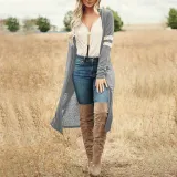 Loose Pure Color Stripes Long Sleeve Cardigan With Pockets
