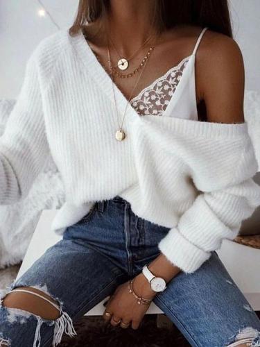 Casual V-Neck Solid Color Sweater