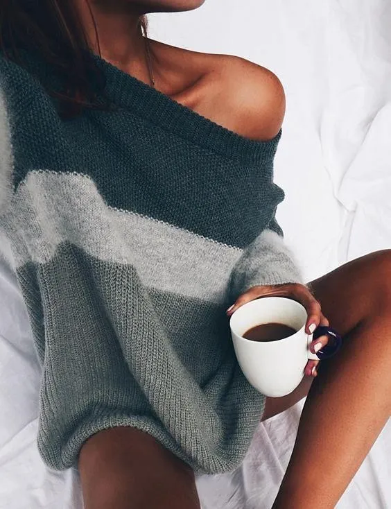 Shoulder Knitting Stripes Loose Lazy Couture Sweaters