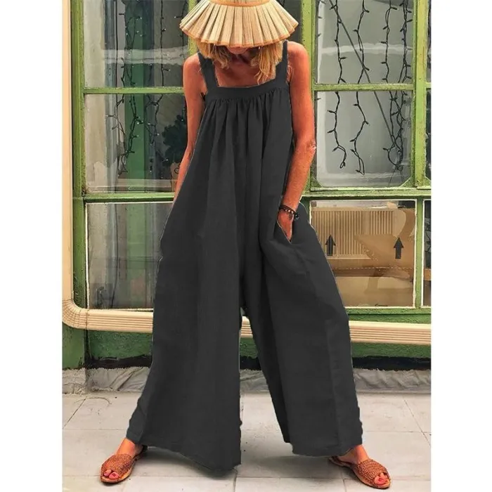 Casual Solid Sleeveless Spaghetti Jumpsuit Wide Leg Pants