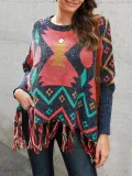 Multicolor Long Sleeve Tribal Fringed Cotton-Blend Sweaters
