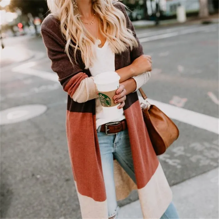 Large Size Stitching Striped Knit Loose Sweater Cardigan Coat