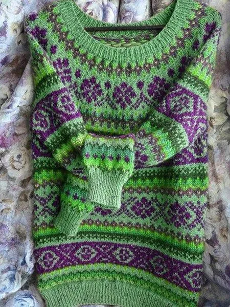 Color-Block Tribal Crew Neck Long Sleeve Women's Sweaters
