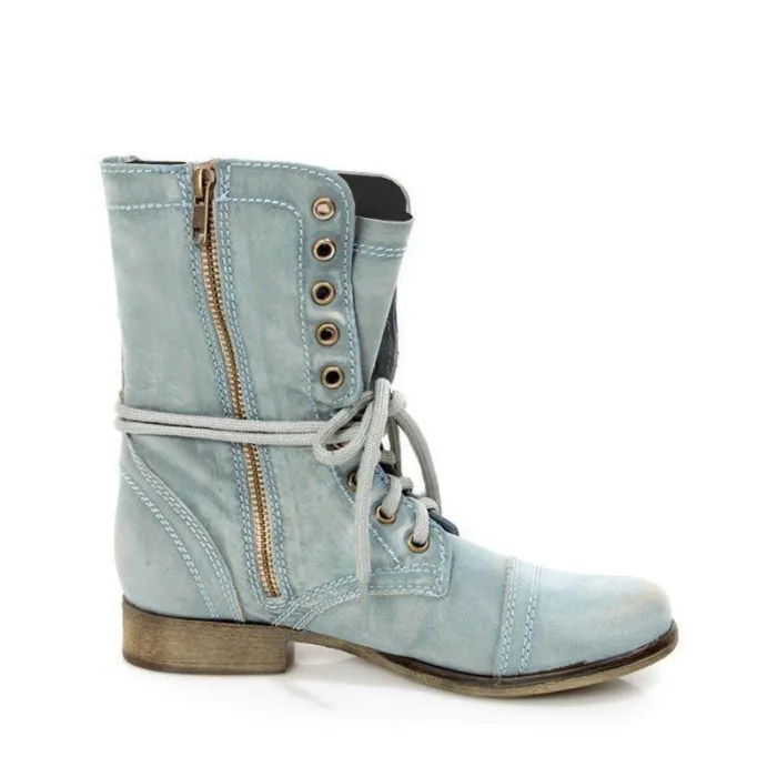 Women PU Booties Casual Comfort Lace Up Shoes