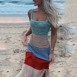 Spaghetti Strap  Slit  Striped  Sleeveless  Elegant Bodycon Dresses