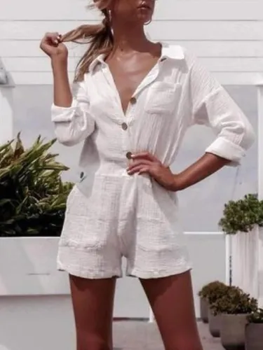 Pocket Button Linen Casual Jumpsuit