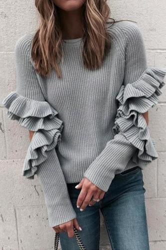 Fashion Pure Colour Ruffled Loose Round Neck Sweater