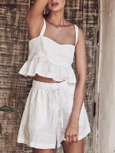 Solid Color Cotton And Linen Sleeveless Vest Top Shorts Suit