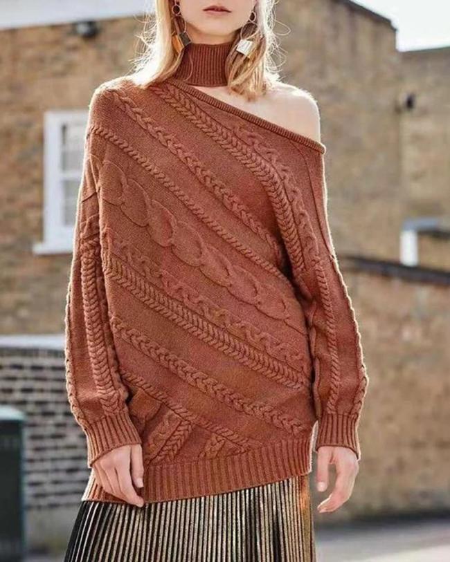 Fashion Hollow Shoulder High Collar Solid Color Knit Sweater