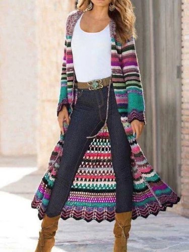 Multicolor Shift Knitted Long Sleeve Tribal Outerwear