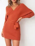 Casual Knitted Sheath V Neck Fall Sweaters Dress