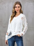 V Neck Casual Long Sleeve Ripped Sweaters