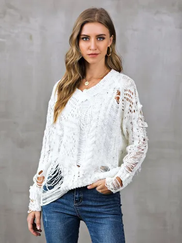 V Neck Casual Long Sleeve Ripped Sweaters