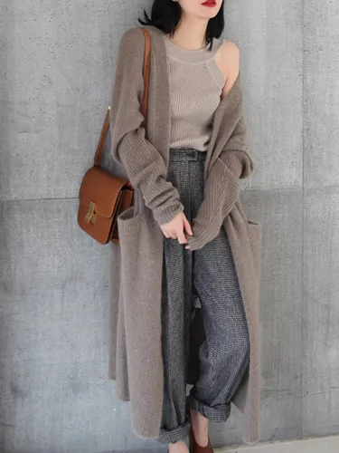 Women Knitted Long Sleeve Open Front Long Maxi Cardigan