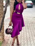 Sexy Halter Asymmetric Ruffled Pure Colour Bodycon Dresses