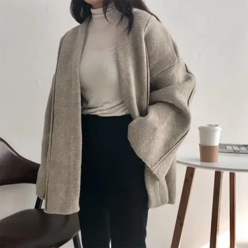 Casual V Neck Loose Pure Colour Sweater Cardigan