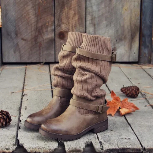 Comfy Cabin Sweater Boots Vintage PU Paneled Adjustable Buckle Casual Boots