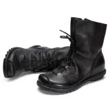 Big Size Pure Color Lace Up Ankle Leather Comfortable Zipper Boots