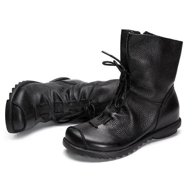 Big Size Pure Color Lace Up Ankle Leather Comfortable Zipper Boots
